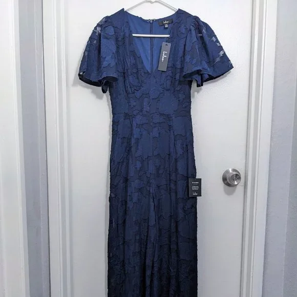 Lulus Navy Blue Floral Burnout Flutter Sleeve Jumpsuit - Picture 5 of 5